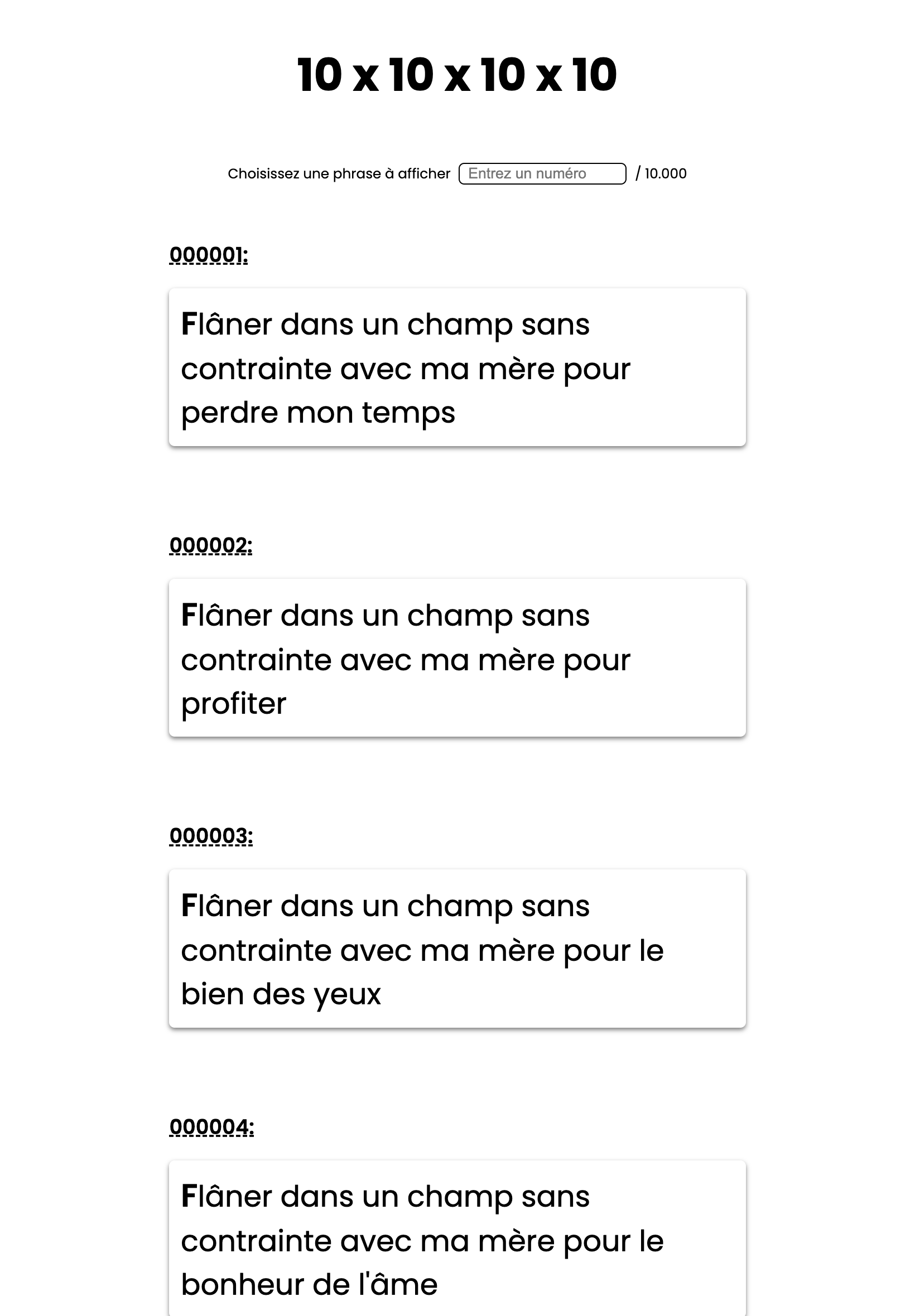 Page blanche avec un titre '10x10x10x10' suivi d'une phrase 'vous consultez la combinaison 1/165' et un bouton 'changer' suivi blocks constitué d'un suivi de chiffres et un rectangle dans lesquelles se trouvent une phrase sur 3 lignes.